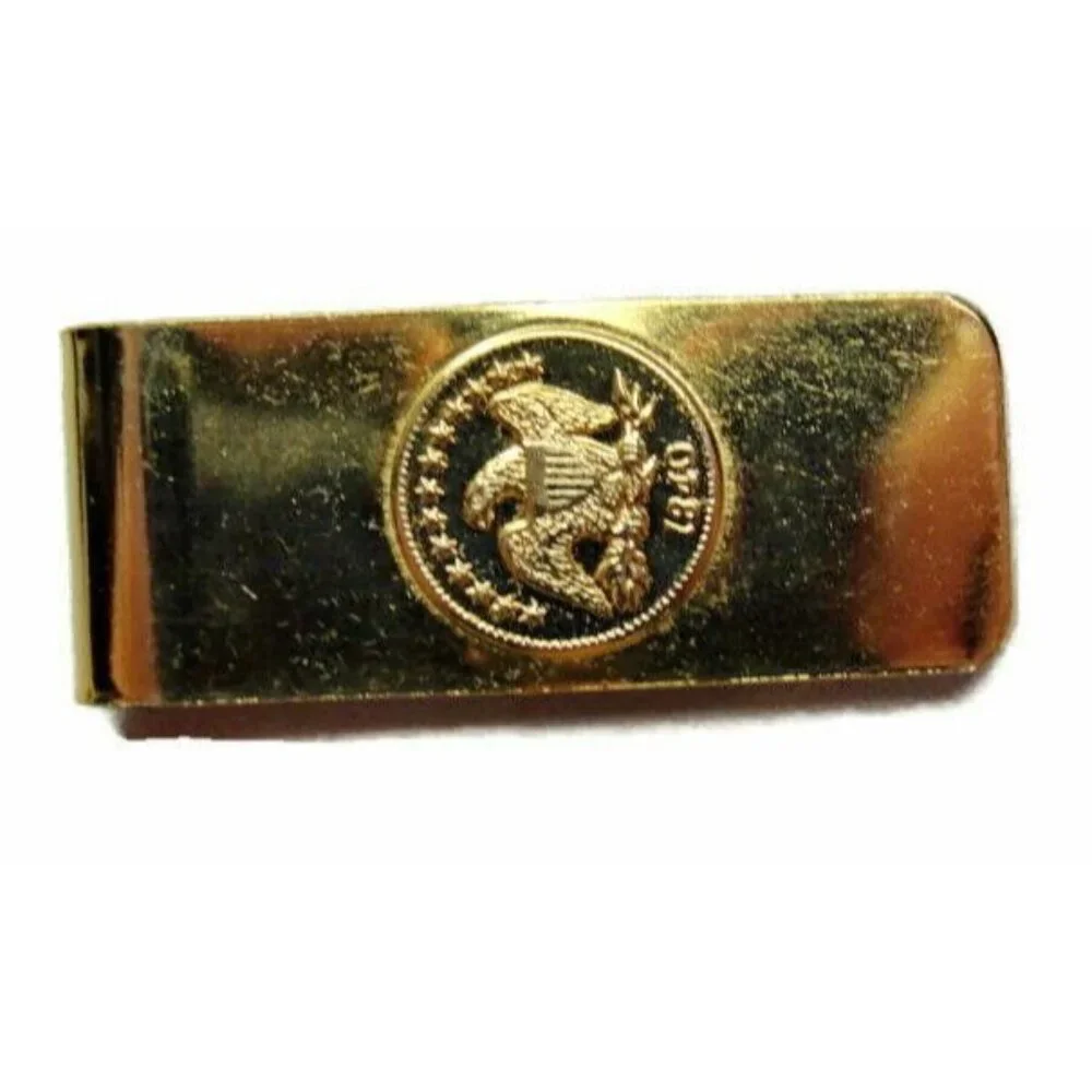 Money Clip Patriotic Eagle Wallet Credit Card Cash ID Holder Gold Tone Vtg